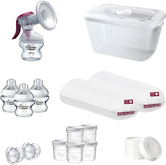 Tommee Tippee Breastfeeding Starter Kit, Manual Breast Pump, Microwave Steriliser Box, Baby Bottles and Breastfeeding Accessories
